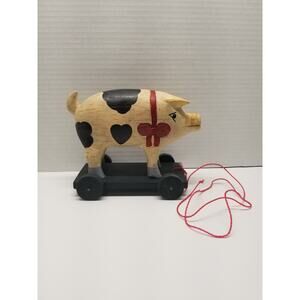Vtg Wood Pig on Wheels Folk Art Cottage Core Red Bow